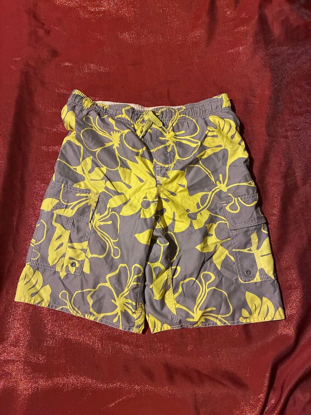 Old Navy Swim Trunks Boys L 10-12 Yellow Gray Floral Cargo Pocket Board Shorts